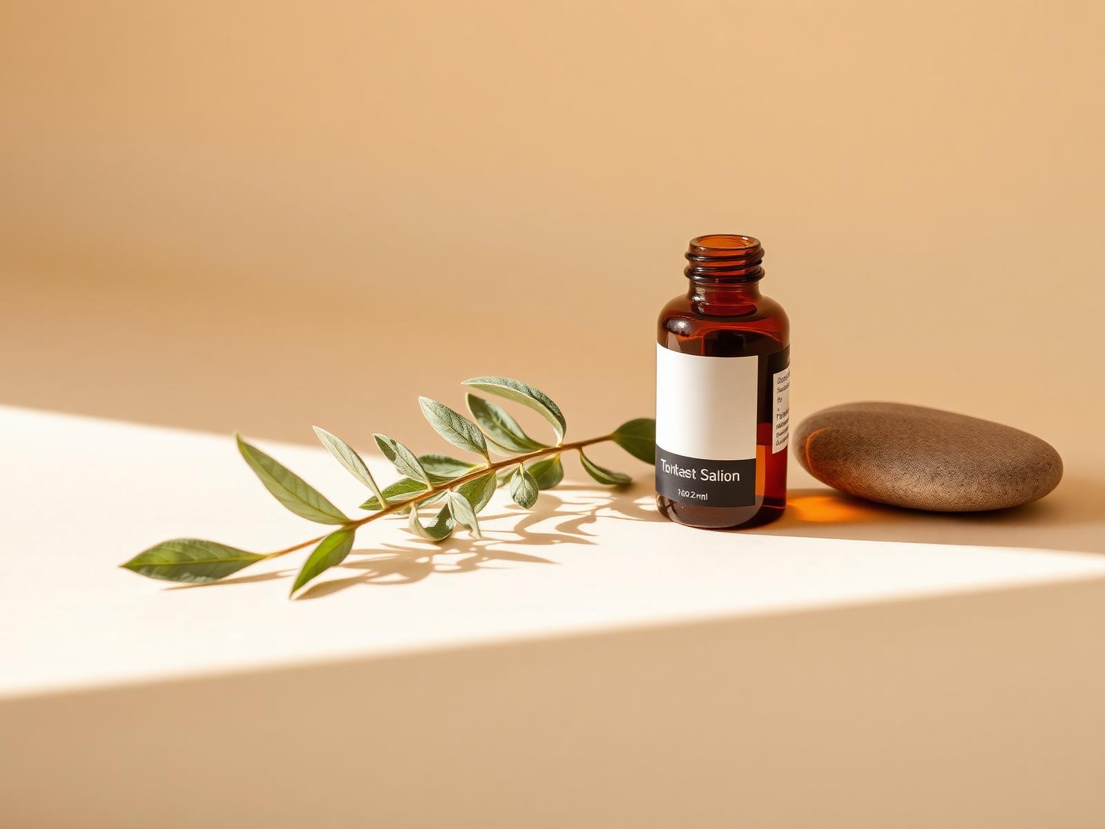 Calm Scandinavian wellness still life with supplement bottle and sage